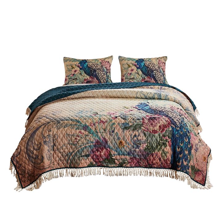3 Piece Queen Size Quilt Set with Floral Print and Crochet Trim, Multicolor - Benzara