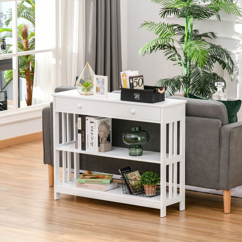 White Modern Console: Table with Drawers and Shelves for Living Room