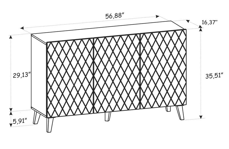 Buffet DIUNA 3D 57'' Commode Milled MDF Fronts, White High Gloss
