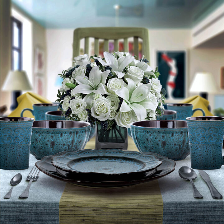 Elama Lavish Blue 16 Piece Dinnerware set with Complete Setting for 4