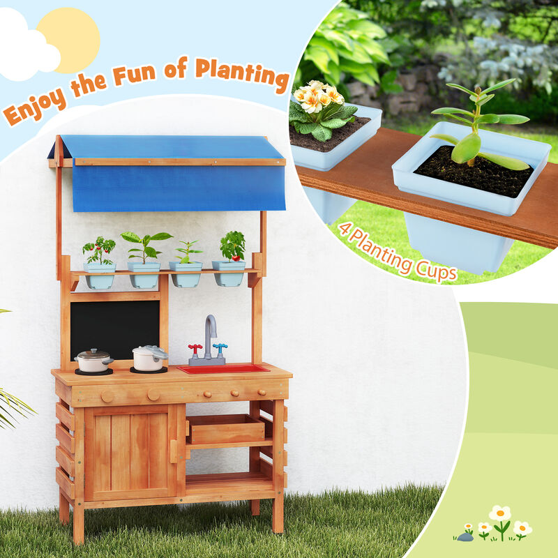 Wooden Pretend Play Kitchen with Height Adjustable Canopy for Kids