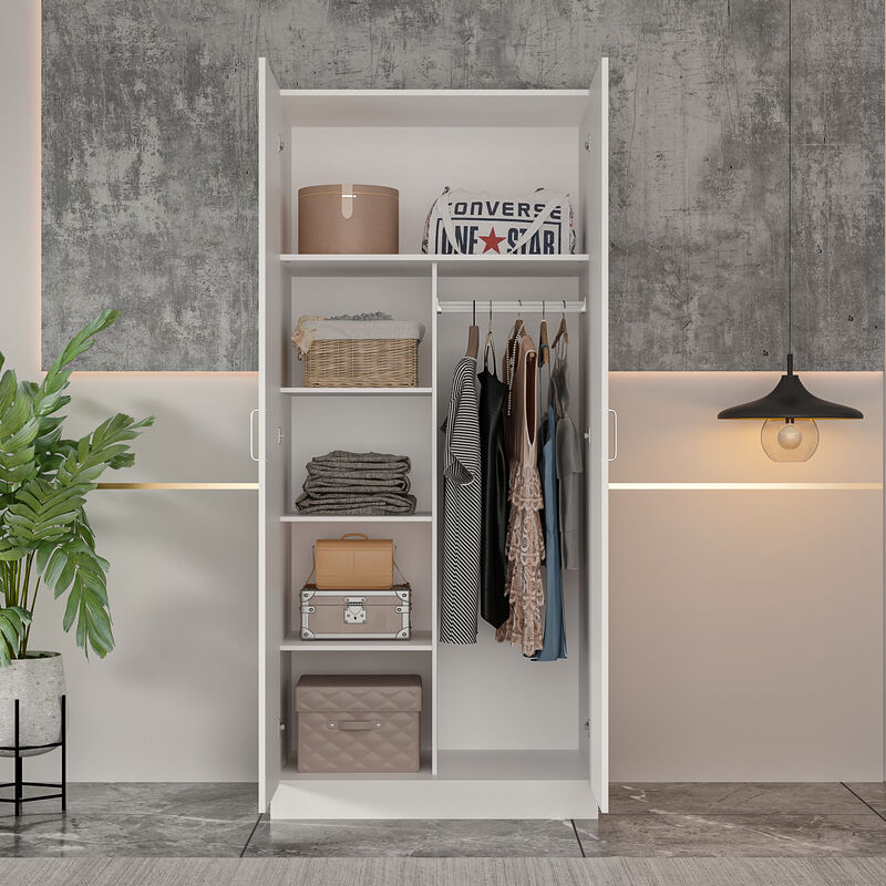White Finish 2-Doors Armoire with Hanging Rod and 5-Storage-Shelves 71 in. H x 31.5 in. W x 15.7 in. D