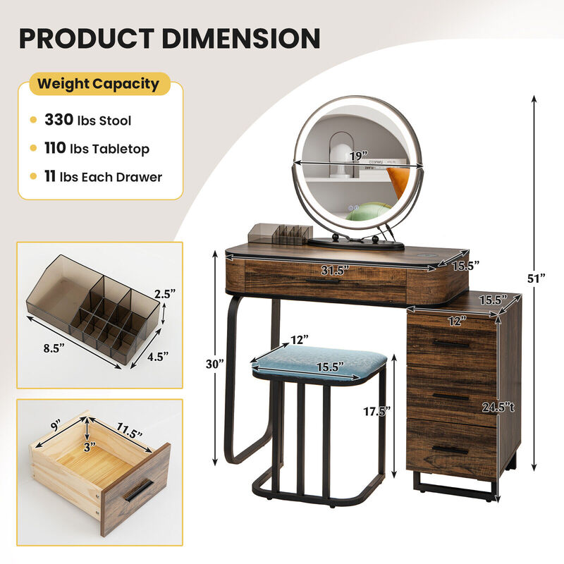 Vanity Table Set with 3-Color Lighted Mirror and Charging Station