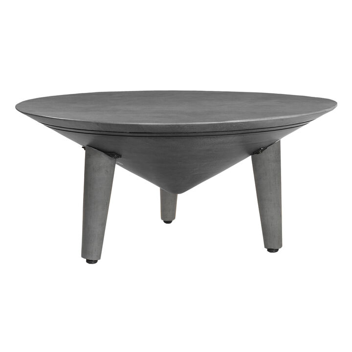 Venus Coffee Table, 28 Inch Bowl Top with 3 Tapered Splayed Legs, Antique Gray Mango Wood