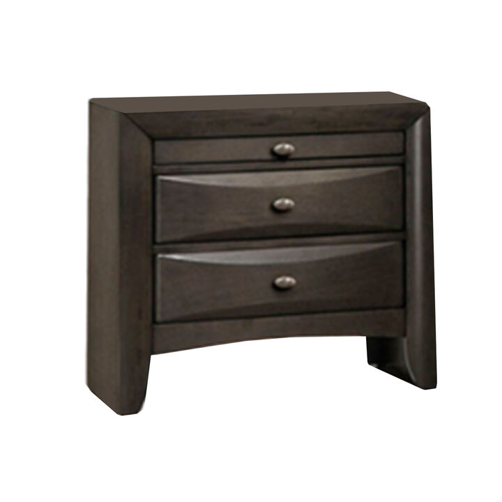 Simo Nightstand, Spacious Top, Metal Knobs, 3 Drawers, Gray Solid Wood