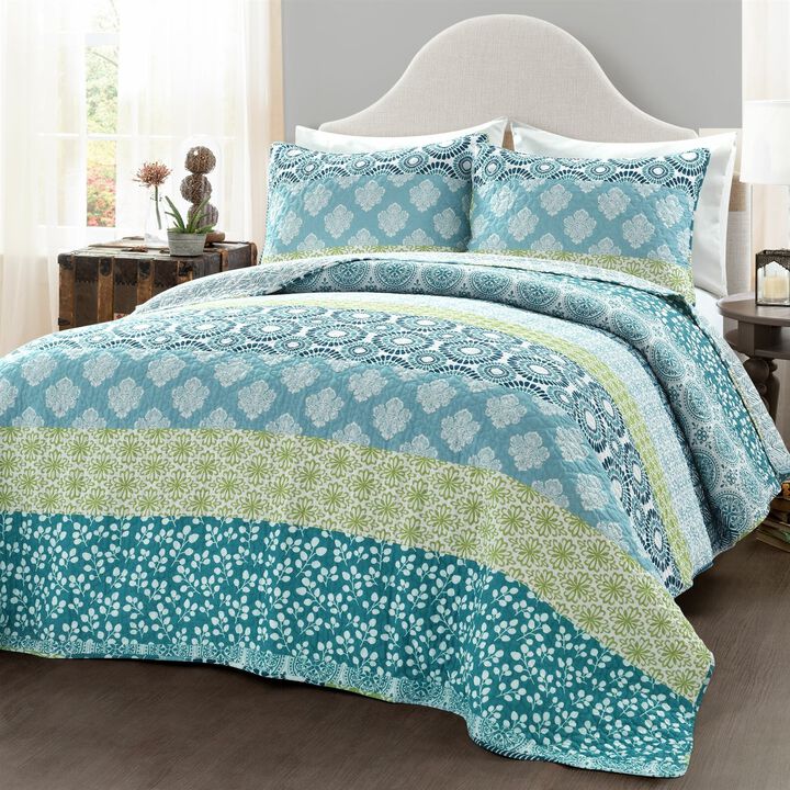 Hivvago Full/Queen Cotton 3 Piece Reversible Blue White Green Floral Damask Quilt Set