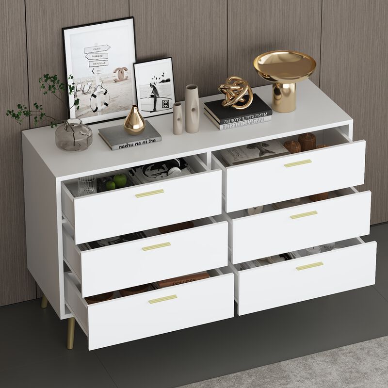 54” 6 Drawer Dresser, Modern 6-Drawer Chest with Gold Metal Handles, Bedroom Dresser with Gold Metal Legs, for Living Room Entryway (54”W x 15.7”D x 30.1”H)