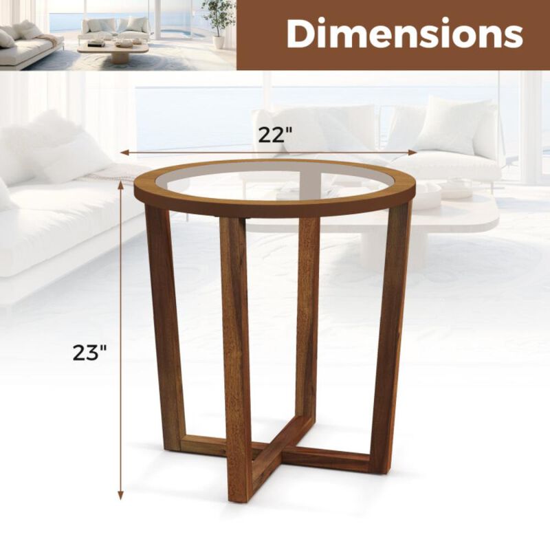 Hivvago Modern Round End Table Sofa Side Table with Transparent Tempered Glass Top-Brown