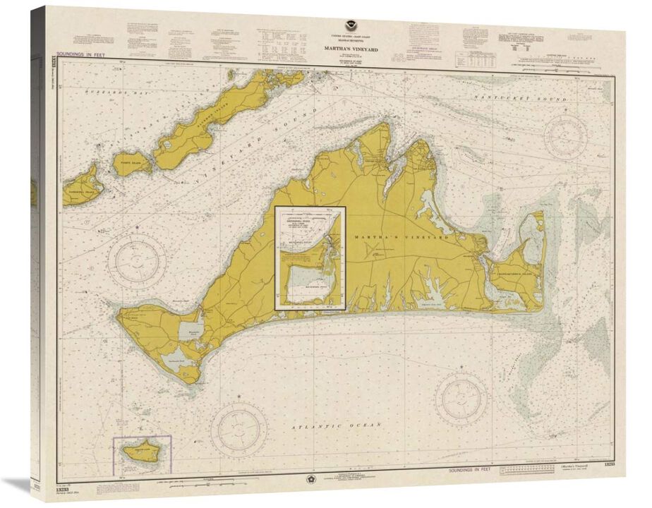 Nautical Chart - Marthas Vineyard ca. 1975 - Sepia Tinted-Canvas Art-36x29.52
