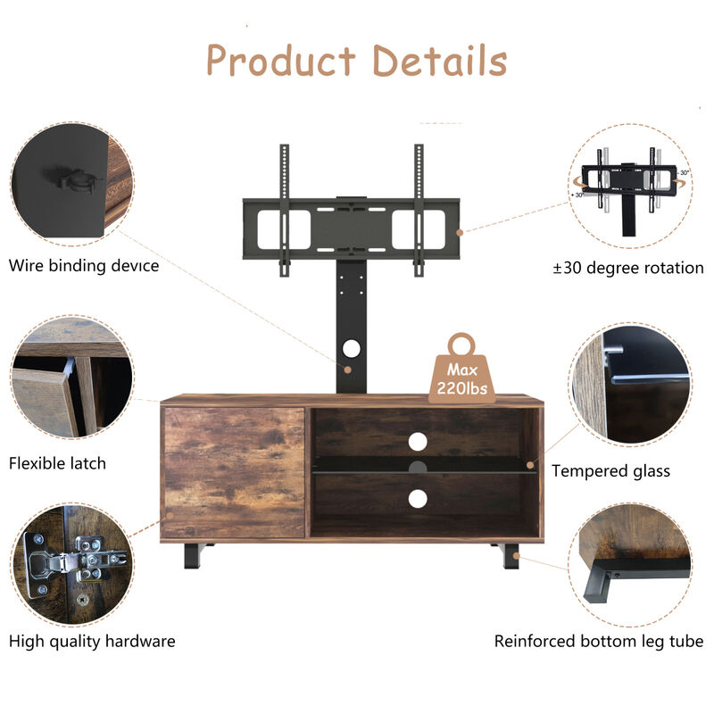 Rustic Brown TV Console With Push-To-Open Storage Cabinet For TV Up To 65In Wood & Glass