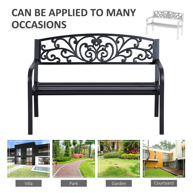 Ornate Outdoor Seating: 50" Black Metal Garden Bench with Floral Design