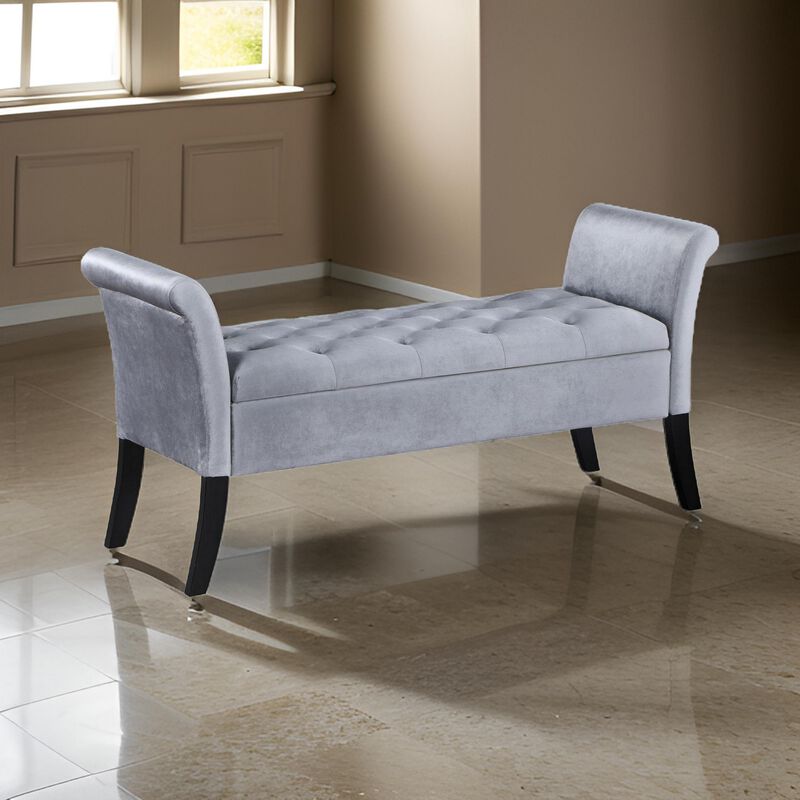 Ako 52 Inch Storage Bench, Button Tufting, Flared Arms, Gray Upholstery - Benzara
