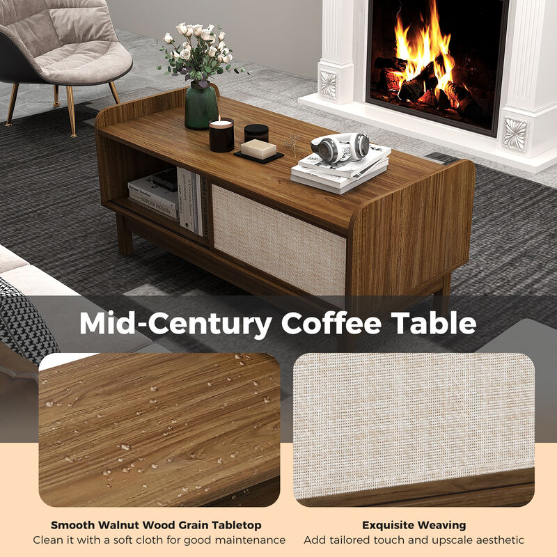 Mid-Century Center Table with Storage and Weaving Sliding Door & Adjustable Shelf-Walnut