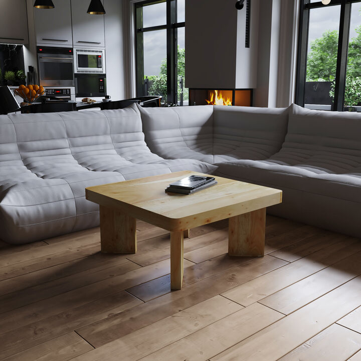 Cascade 32 Inch Coffee Table, Handcrafted Natural Acacia Wood, Square Top with Diagonal Wide Panel Legs