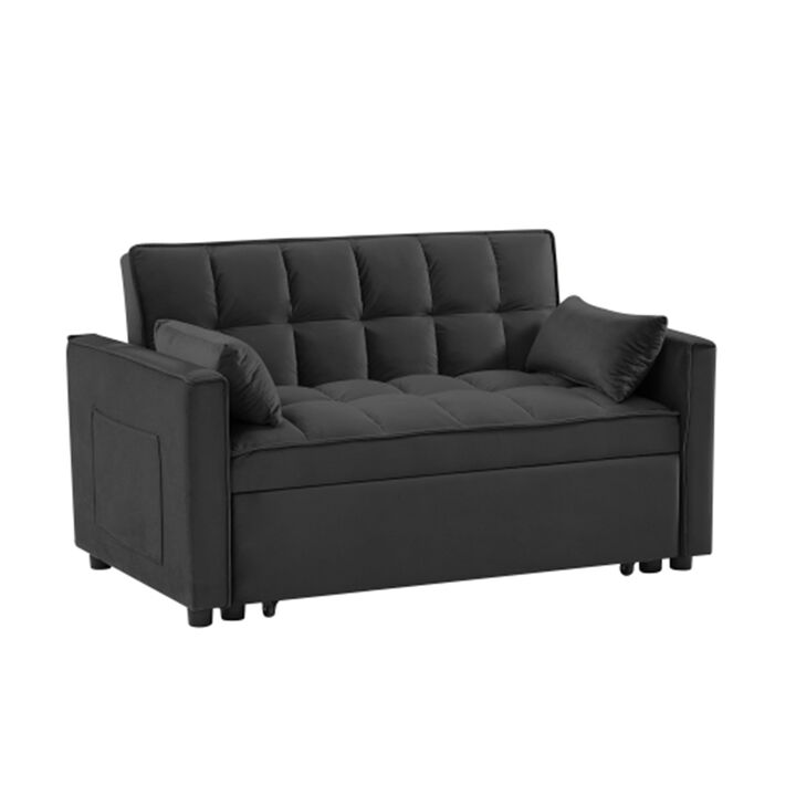 Modern Velvet Loveseat Futon Sofa Couch w/Pullout Bed,Small Love Seat Lounge Sofa w/Reclining Backrest,Toss Pillows, Pockets,Furniture for Living Room,3 in 1 Convertible Sleeper Sofa Bed, Black