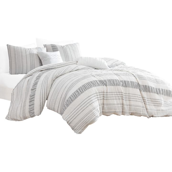 Wim 6 Piece King Size Duvet Comforter Set with Accent Pillows, Striped Gray - Benzara
