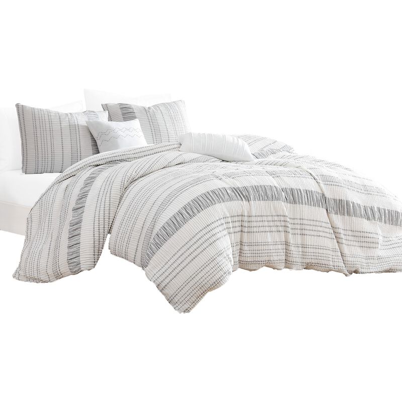 Wim 6 Piece King Size Duvet Comforter Set with Accent Pillows, Striped Gray - Benzara