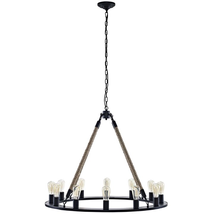 Modway Encircle Rope and Steel Metal 12-Light Pendant Round Chandelier in Brown