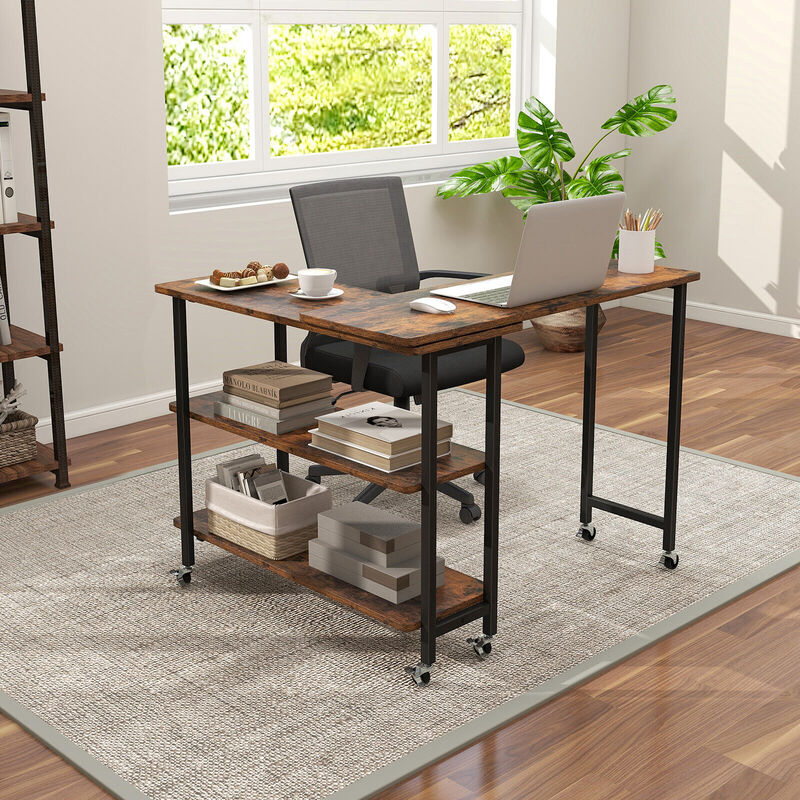 360� Rotating Sofa Side Table with 2-Tier Storage Shelves-Rustic Brown