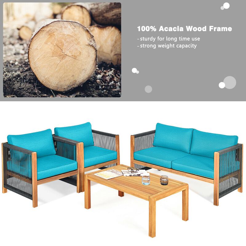 4 Pieces Acacia Wood Sofa Set with Cushions for Outdoor Patio-Blue