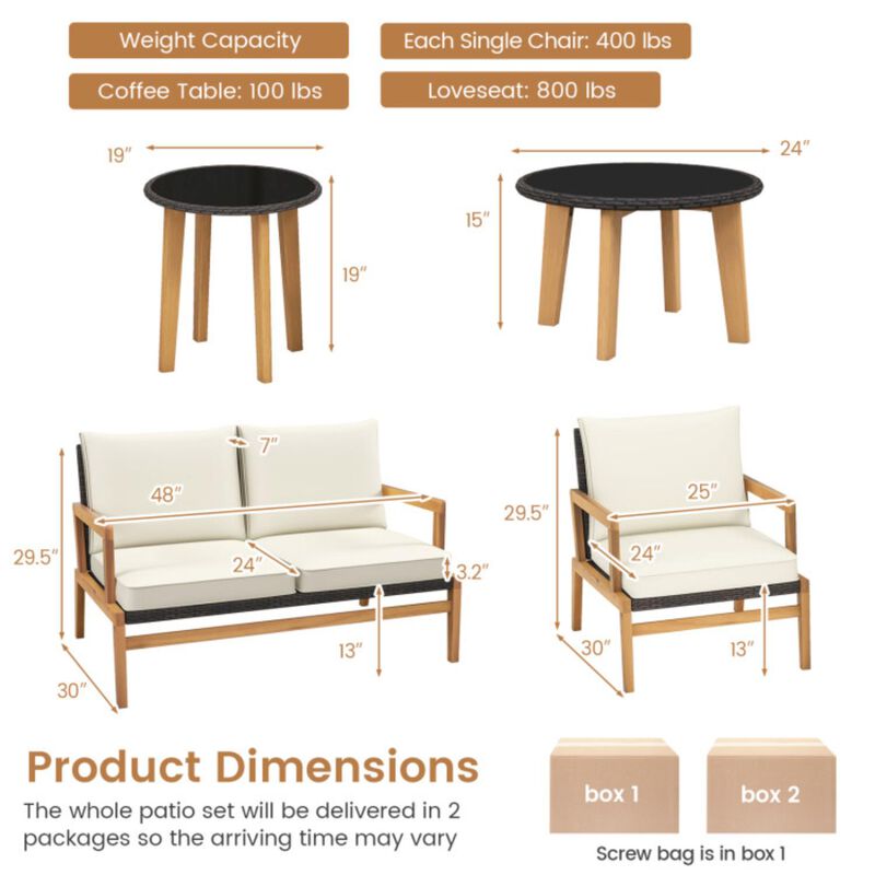 Hivvago 5 Piece Rattan Furniture Set Wicker Woven Sofa Set with 2 Tempered Glass Coffee Tables