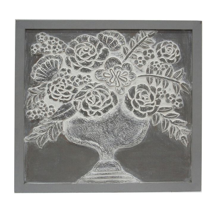 36x36 Inch Wall Art Panel, Carved Flower Vase Design, Gray White Wood - Benzara