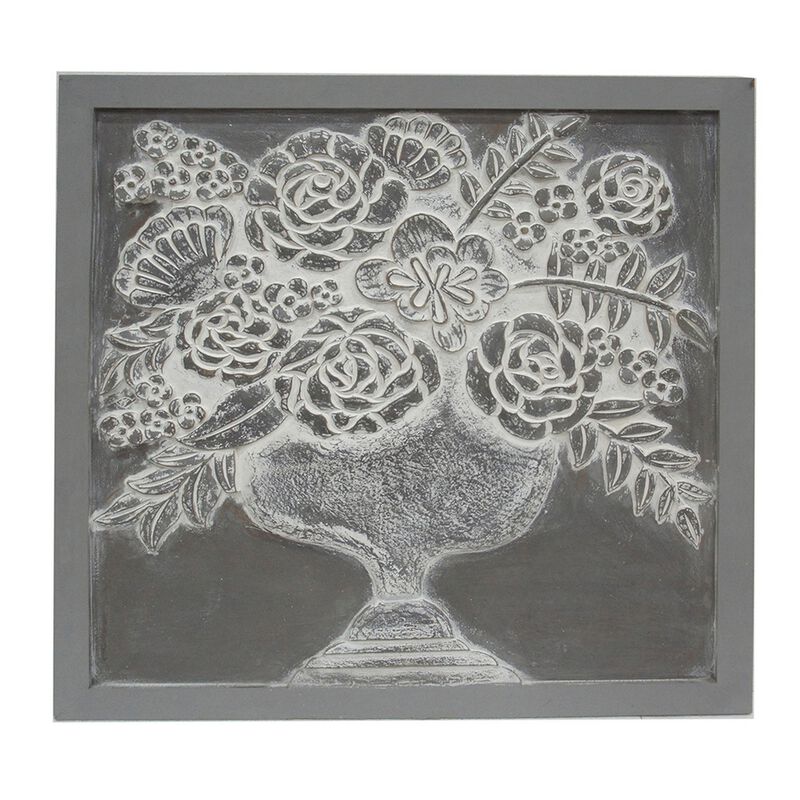 36x36 Inch Wall Art Panel, Carved Flower Vase Design, Gray White Wood - Benzara