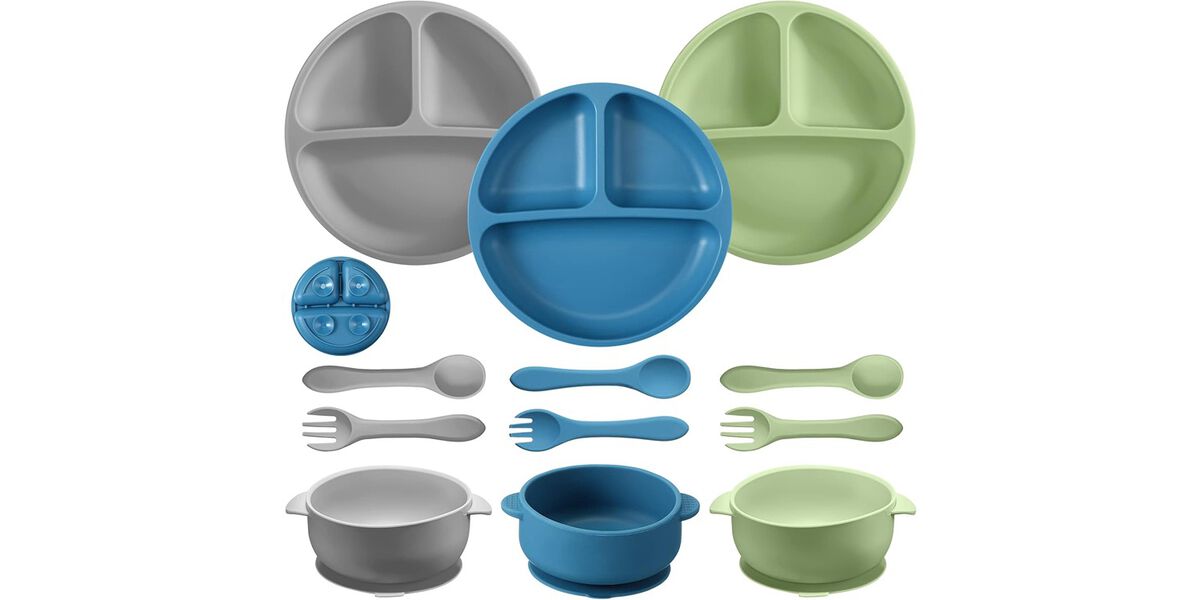 9-Piece Silicone Baby Feeding Set – Suction Plates & Bowls with Spoon & Fork, Microwave & Dishwasher Safe, Matte Colors