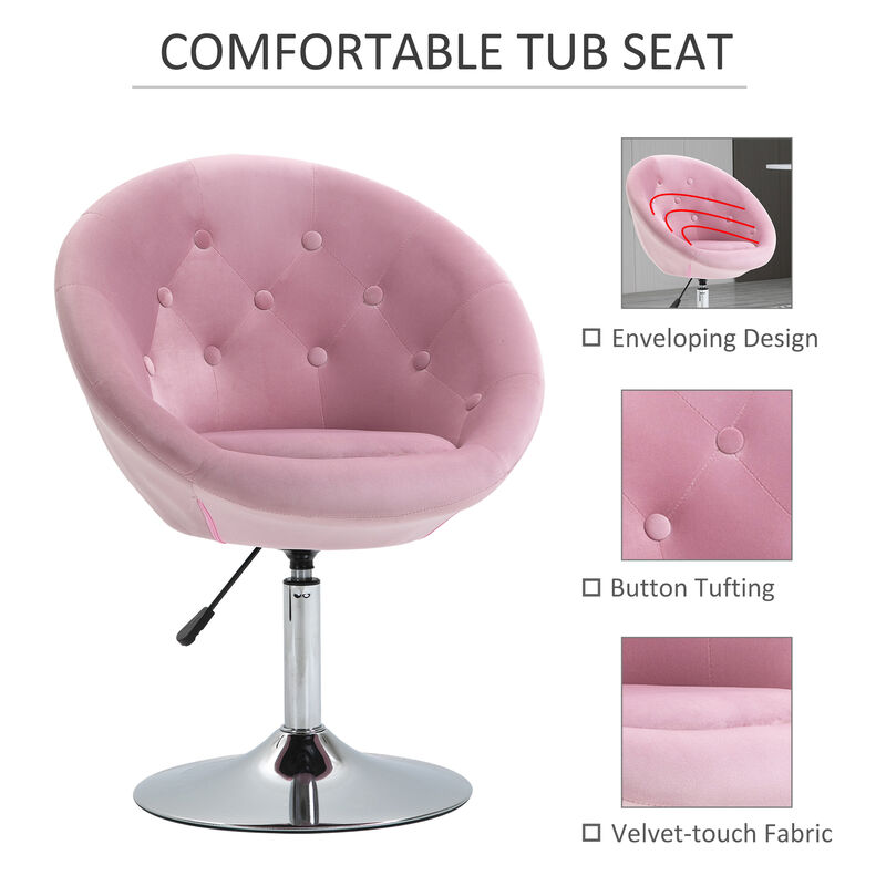 HOMCOM Modern Makeup Vanity Chair Round Tufted Swivel Accent Chair with Chrome Frame Height Adjustable for Living Room, Bedroom Pink