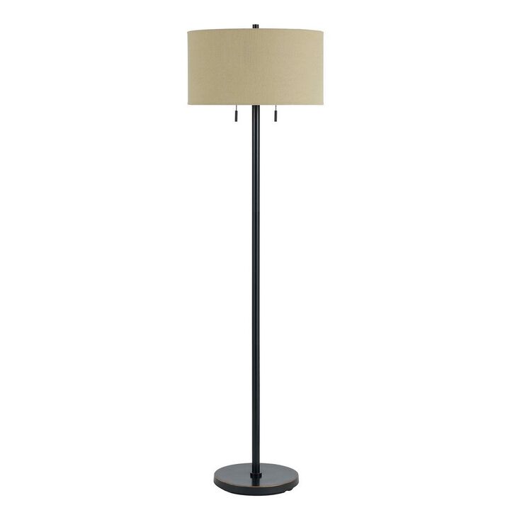 Metal Body Floor Lamp with Fabric Drum Shade and Pull Chain Switch, Black-Benzara