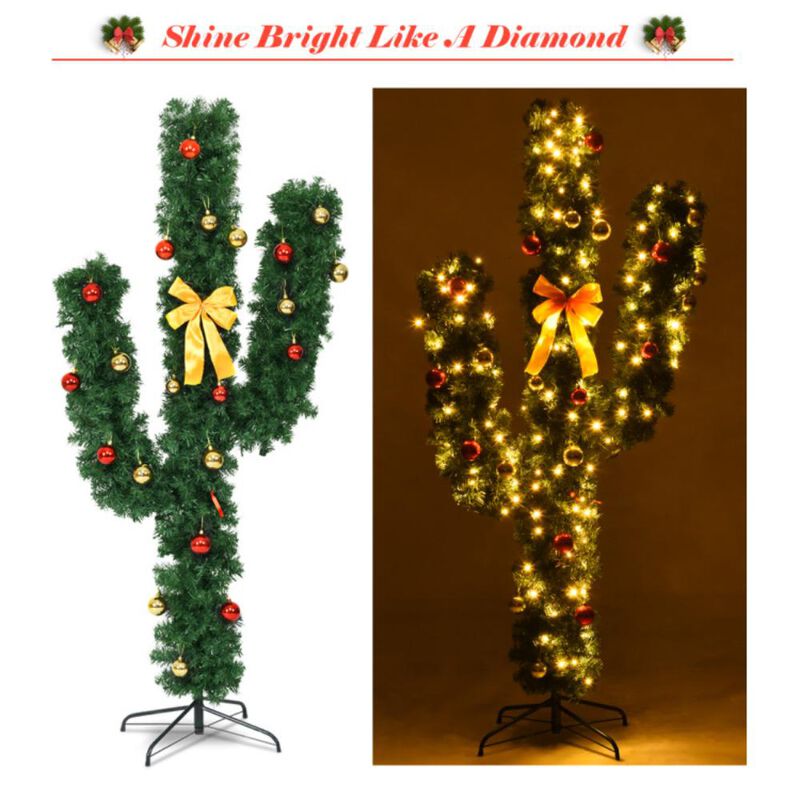Hivvago 5/6/7 Feet Artificial Cactus PVC Christmas Tree with LED Lights and Ball Ornaments