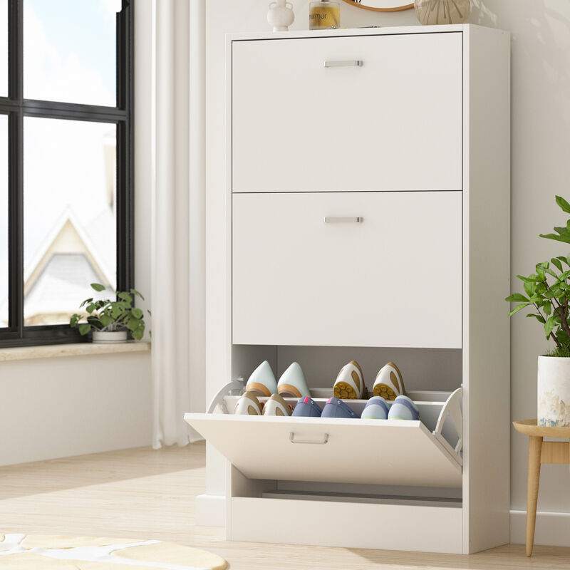 23.6 in. W x 45.5 in. H White Wood 18-Pair Wood Shoe Storage Cabinet with 6-Foldable Compartments