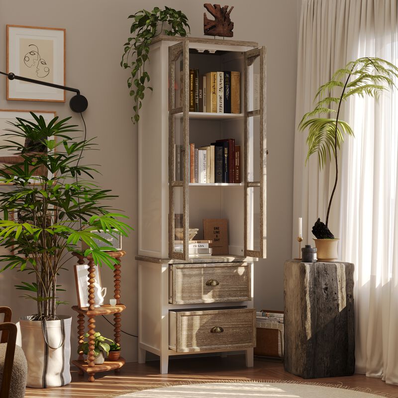 FUFU&GAGA Modern Tall Bookshelf with Glass Doors and Drawers for Home Office and Study, (23.6" W x 73" H x 15.7" D), White & Brown