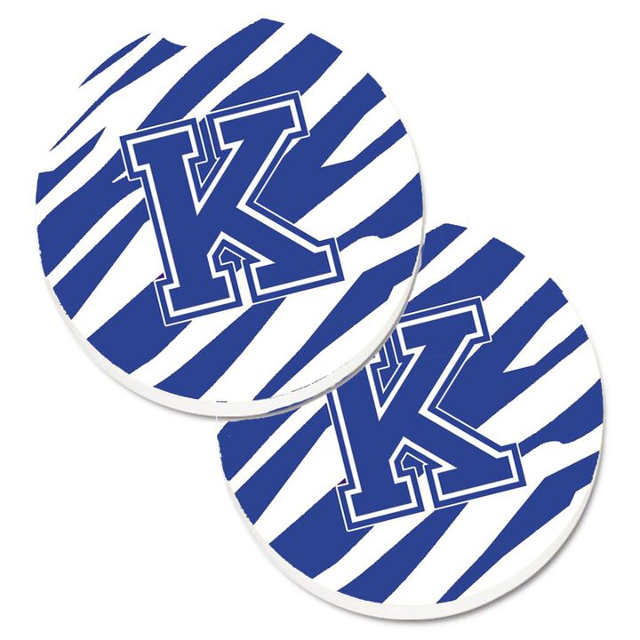 Caroline's Treasures Monogram Initial K Tiger Stripe Blue & White Set of 2 Cup Holder Car Coasters CJ1034-KCARC, 2.56, Multicolor