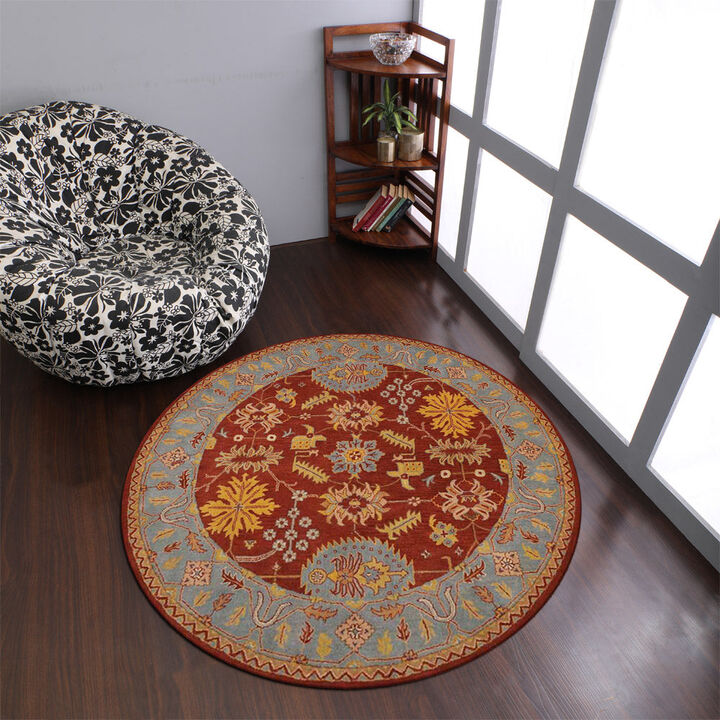 RUGSOTIC CARPETS HAND TUFTED WOOL ECO-FRIENDLY AREA RUGS  - 10'x10', Round Shape, Red & Blue, Classic Oriental Traditional  Design, High Pile Thick Handmade Anti Skid Area Rugs (K00683)