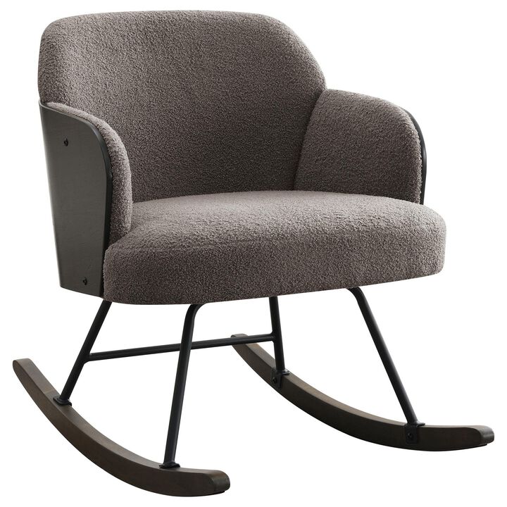 Perry Accent Rocking Chair, Modern Walnut Brown Bentwood, Gray Boucle - Benzara