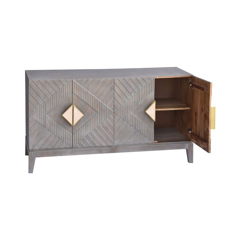 Abiel 55 Inch Mango Wood Sideboard Buffet Cabinet Console, 4 Doors, Inner Shelf, Ornate Diamond Carving, Gray-Benzara