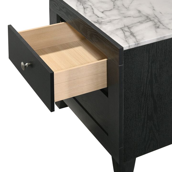 Yoh 23 Inch 2 Drawer Nightstand, White Marble Top, Metal Knobs, Black-Benzara