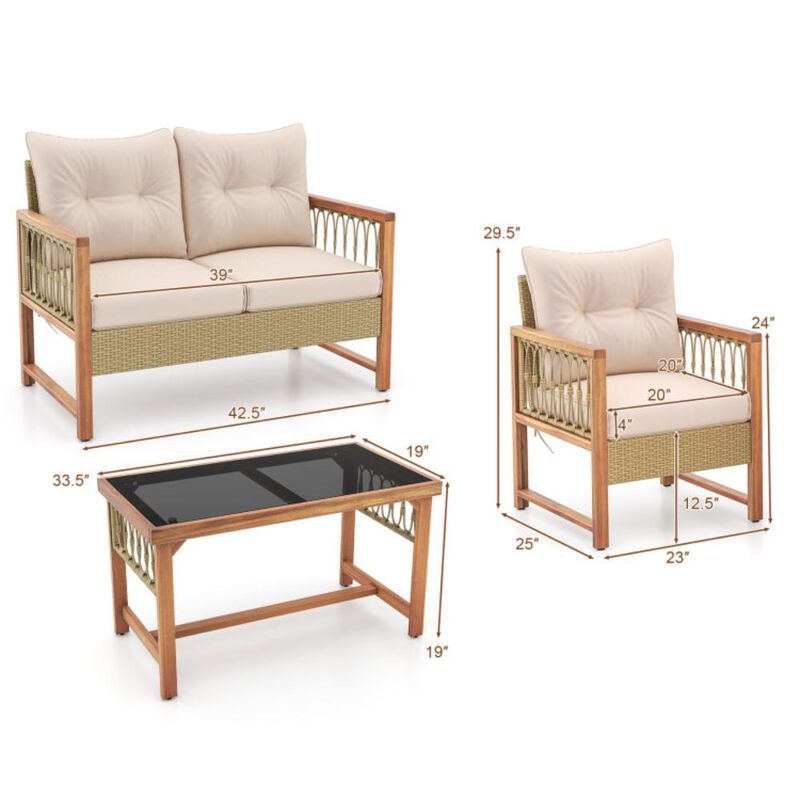 Hivvago 4 Pieces Outdoor Patio PE Wicker Conversation Bistro Set with Acacia Wood Frame