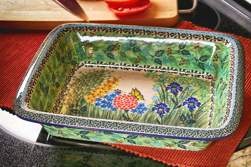 Blue Rose Polish Pottery Rustic Pines Medium Rectangular Baker