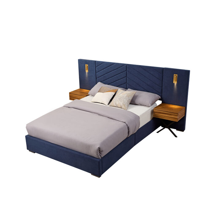 King Size Velvet Bed Frame/Vertical Channel Tufted Wingback Headboard/Upholstered Platform Bed/Strong Wooden Slats/No Box Spring Needed/Easy Assembly Royal blue
