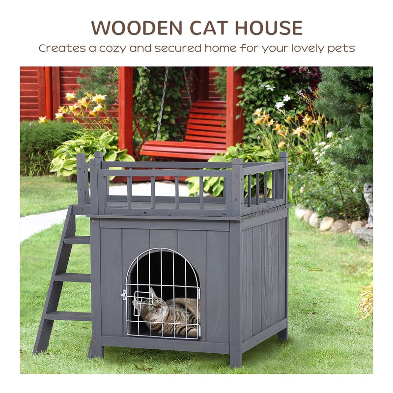 Grey Cat Castle: 2-Level Wooden Outdoor Shelter with Balcony