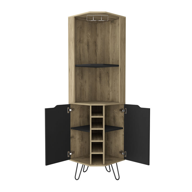 DEPOT E-SHOP Bursan Corner Cabinet Six Built-in Wine Rack, Two Shelves, Four Shelves, Macadamia / Black