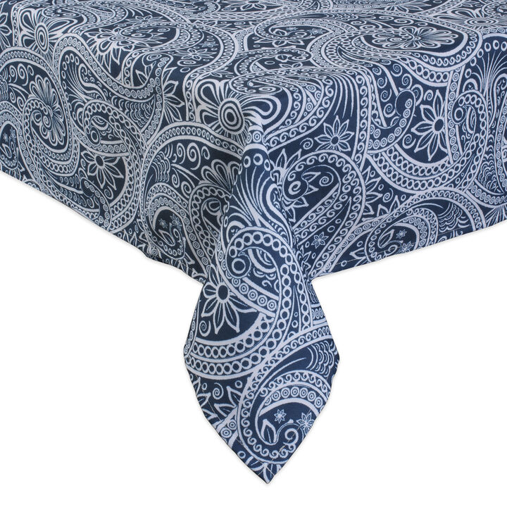 84" Zippered Outdoor Tablecloth with Printed Blue Paisley Design