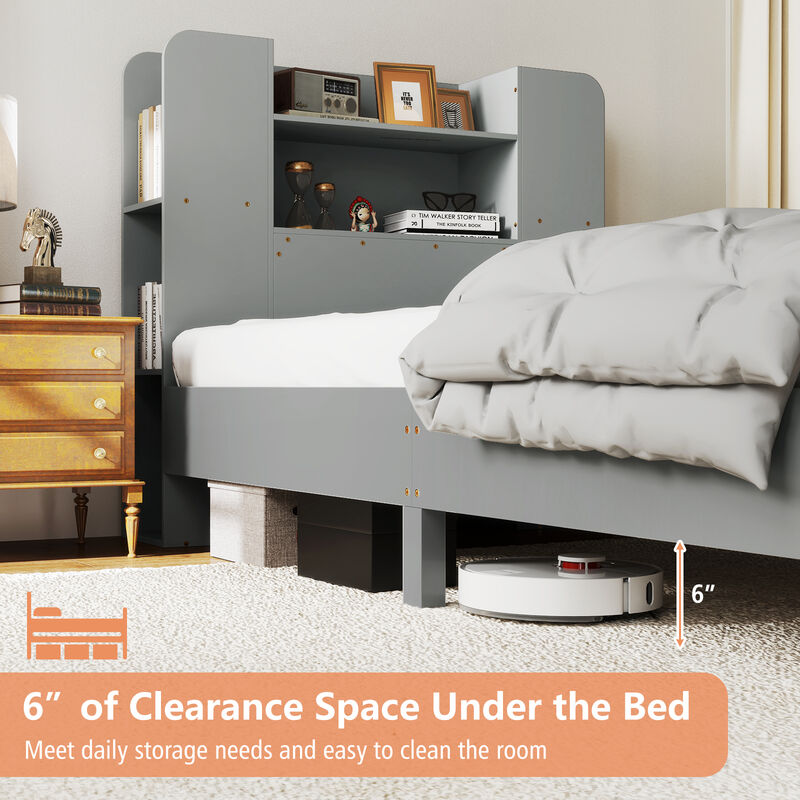 Wooden Platform Bed Frame with Bookcase Headboard