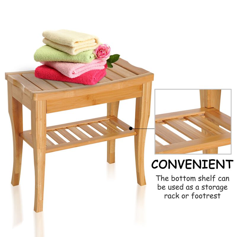 Natural Spa Seat: 20" 2-Tier Bamboo Shower Bench & Organizer