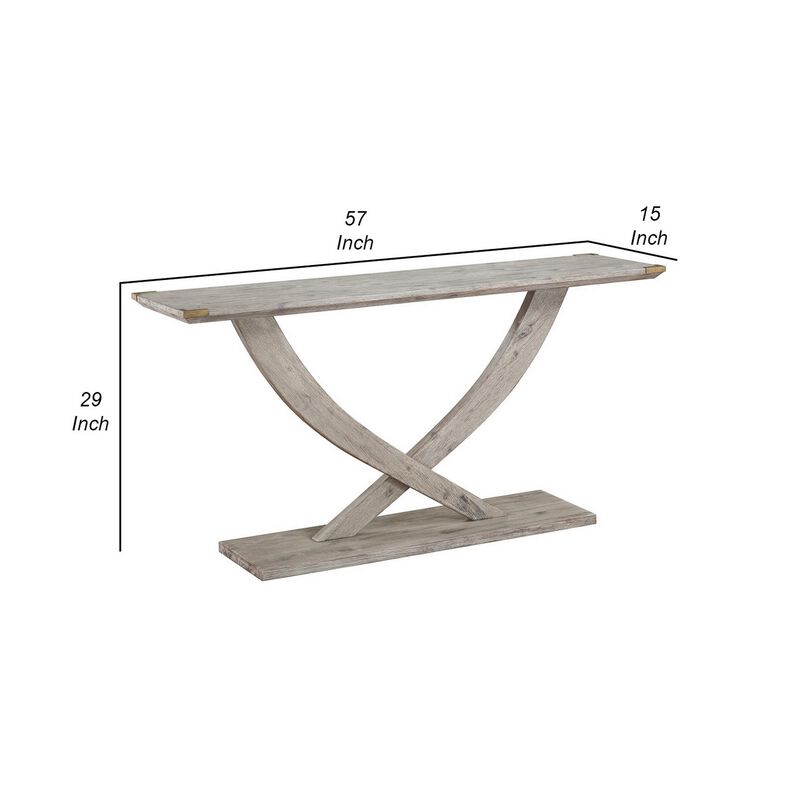 Kit 57 Inch Acacia Wood Console Table, Cross Legs, Gray-Benzara