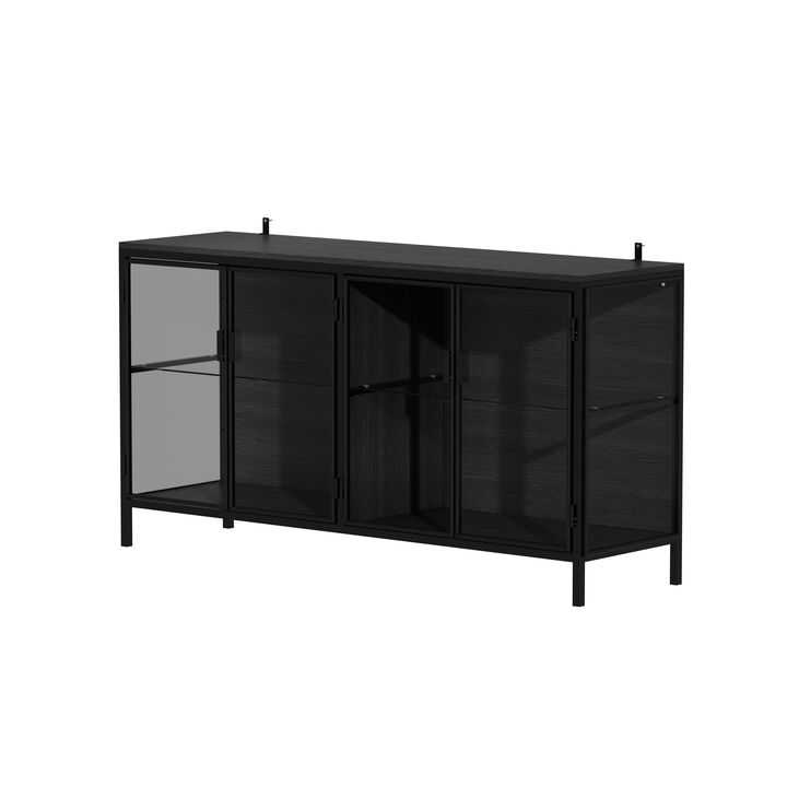 FUFU&GAGA  Modern Industrial Black Metal & Glass Storage Cabinet – 4-Door Tempered Glass Display with Sturdy Wood Shelves, (55.1" W x 15.7" D x 29.5" H), Black