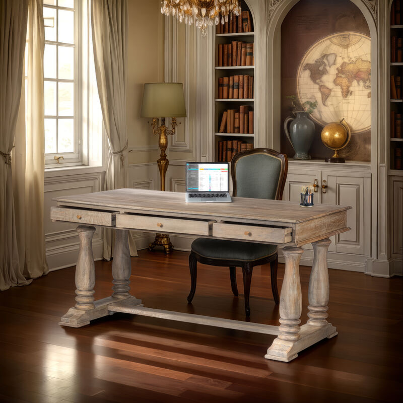 Aurice Writing Desk with Classic Turned Legs 59 Inch, Farmhouse Antique Graywash Mango Wood