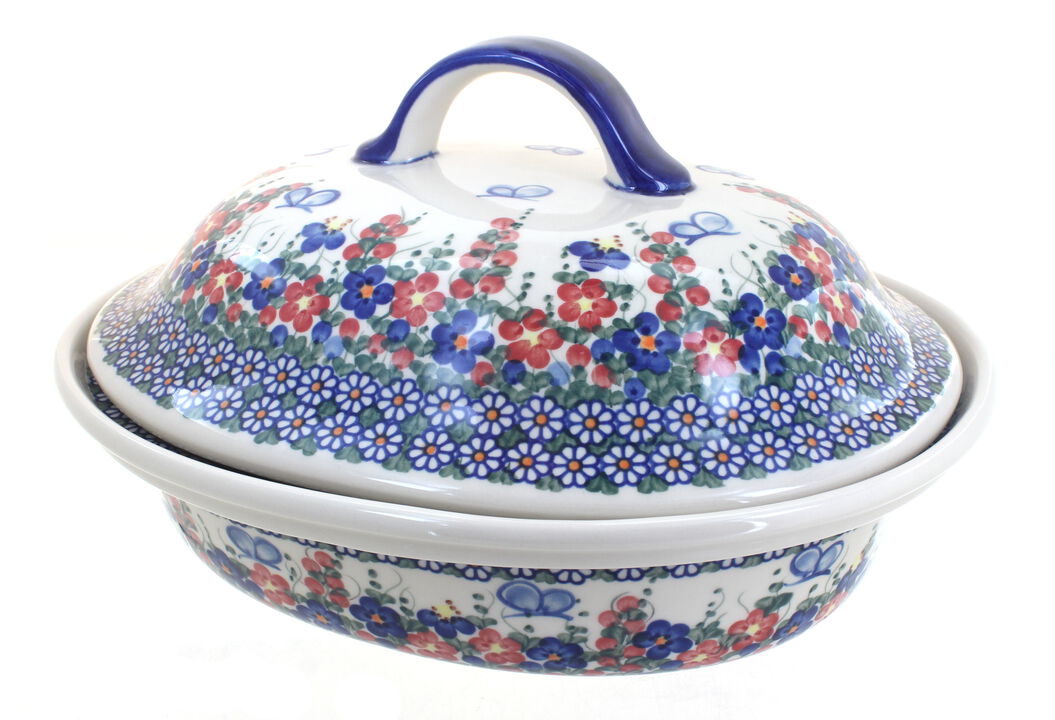 Blue Rose Polish Pottery Garden Butterfly Oval Baker with Lid